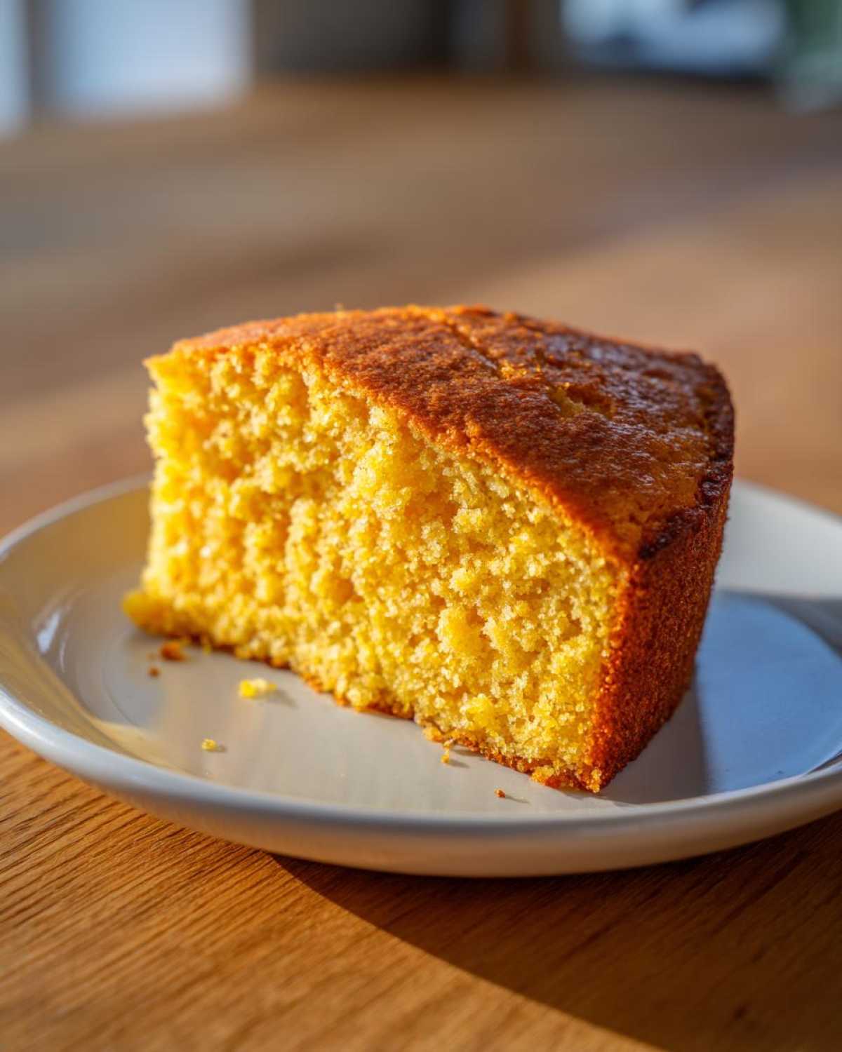 A thick, golden slice of moist sourdough cornbread resting on a small white plate, highlighted by natural sunlight.