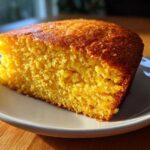 A close-up, sunlit slice of moist, golden sourdough cornbread resting on a small white plate.