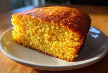 A close-up, sunlit slice of moist, golden sourdough cornbread resting on a small white plate.