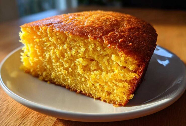 A close-up, sunlit slice of moist, golden sourdough cornbread resting on a small white plate.