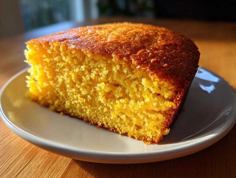 A close-up, sunlit slice of moist, golden sourdough cornbread resting on a small white plate.