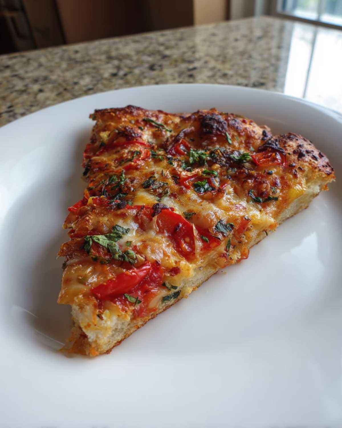 A single slice of baked pizza with melted cheese and red peppers, made from sourdough discard pizza dough, on a white plate.
