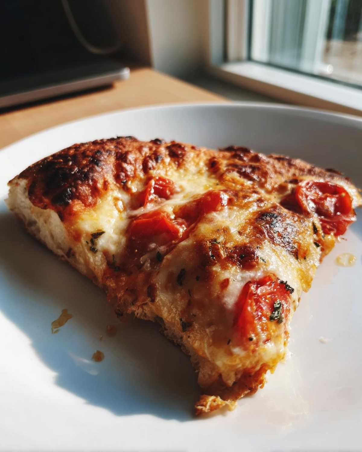 A close-up slice of cheesy pizza, likely made with sourdough discard pizza dough, resting on a white plate.
