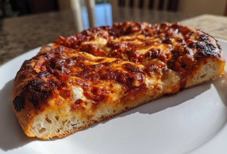 Close-up of a thick slice of cheesy pizza showing the airy crumb of the sourdough discard pizza dough crust.