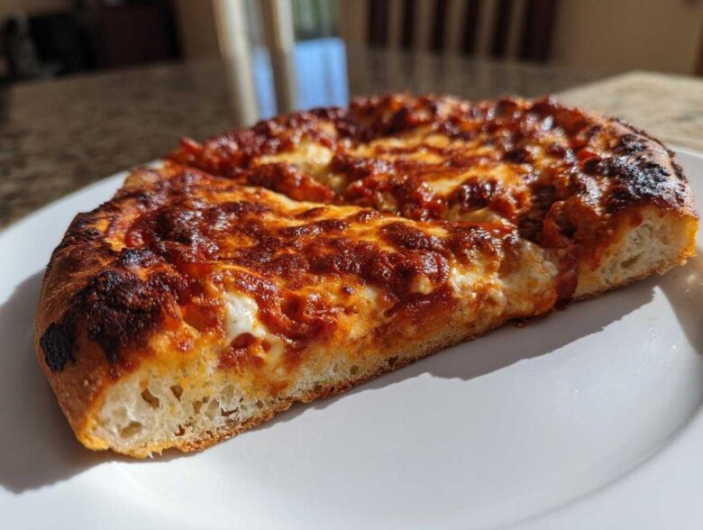 Close-up of a thick slice of cheesy pizza showing the airy crumb of the sourdough discard pizza dough crust.