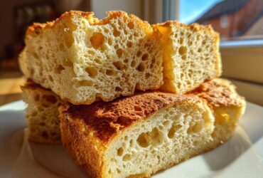 Close-up of thick, airy slices showing the open crumb structure of sourdough pancakes.