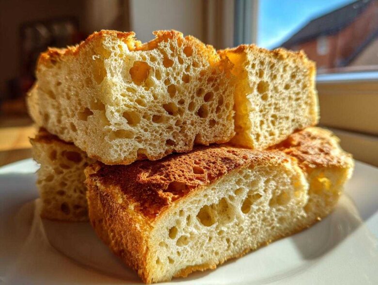 Close-up of thick, airy slices showing the open crumb structure of sourdough pancakes.