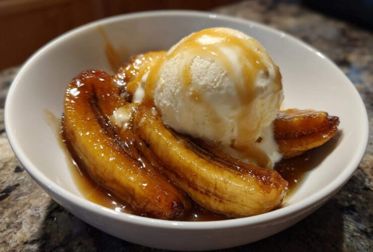 A close-up of warm, caramelized bananas foster topped with a scoop of vanilla ice cream and drizzled with sauce.