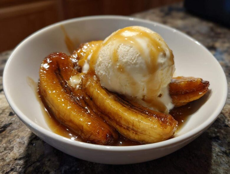 A close-up of warm, caramelized bananas foster topped with a scoop of vanilla ice cream and drizzled with sauce.