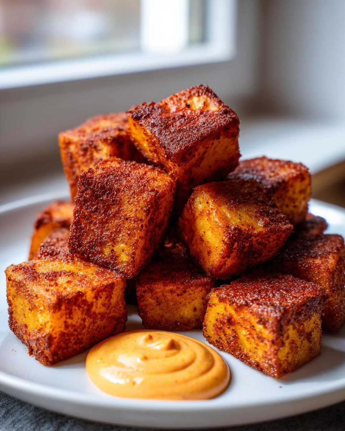 A pile of crispy, seasoned Mexican Potatoes cubes served with a swirl of orange dipping sauce on a white plate.