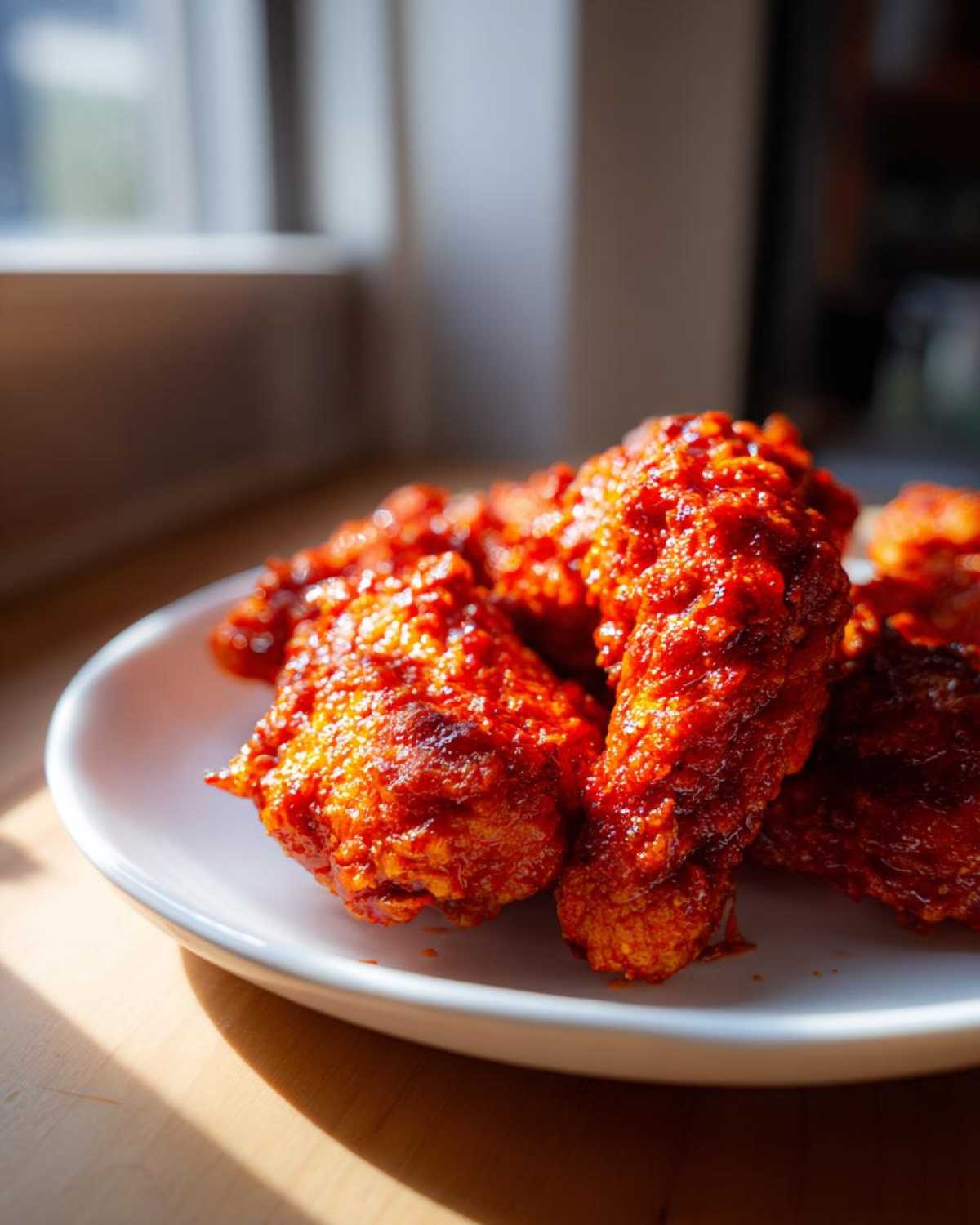 Close-up of several pieces of crispy, bright red korean fried chicken coated in a spicy glaze on a white plate.