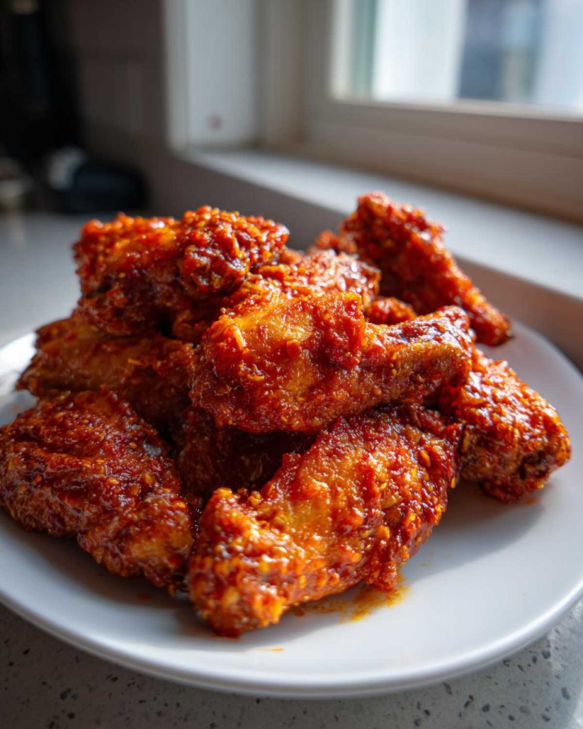 A plate piled high with crispy, glossy, and bright red spicy korean fried chicken wings.