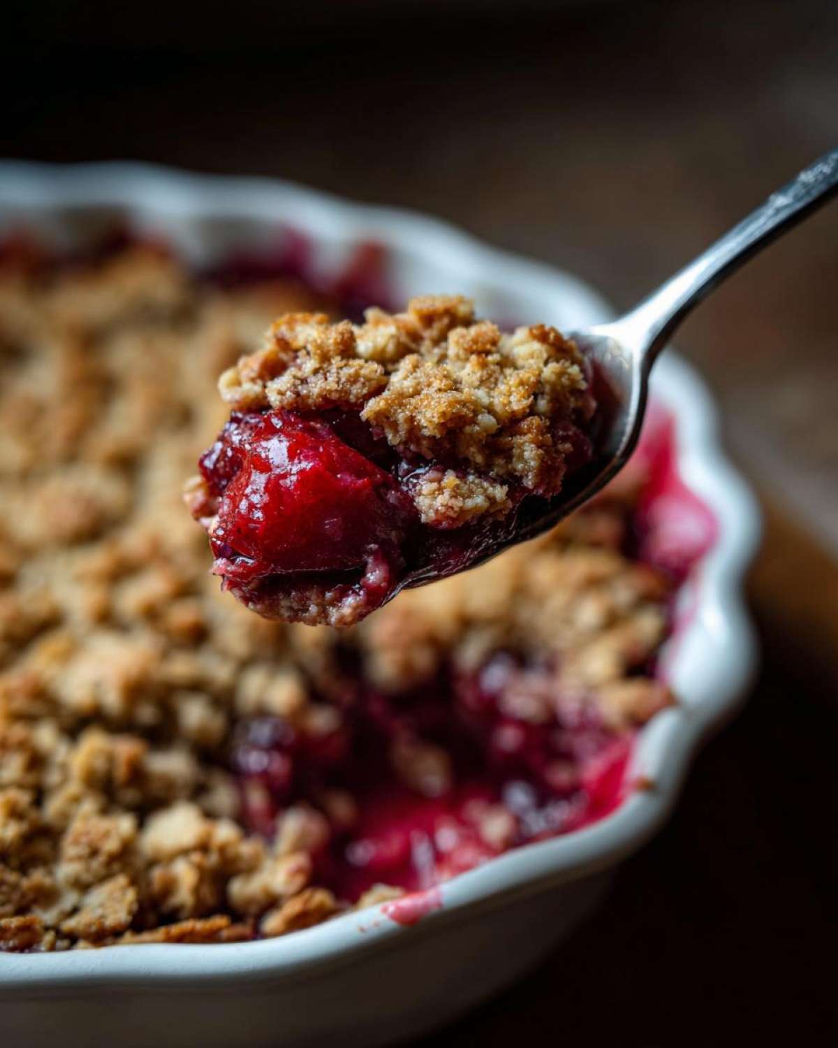 A spoonful of warm, juicy sour cherry crisp being lifted from a white baking dish.