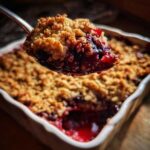 A spoonful of warm, bubbly sour cherry crisp with a golden brown topping being lifted from a baking dish.