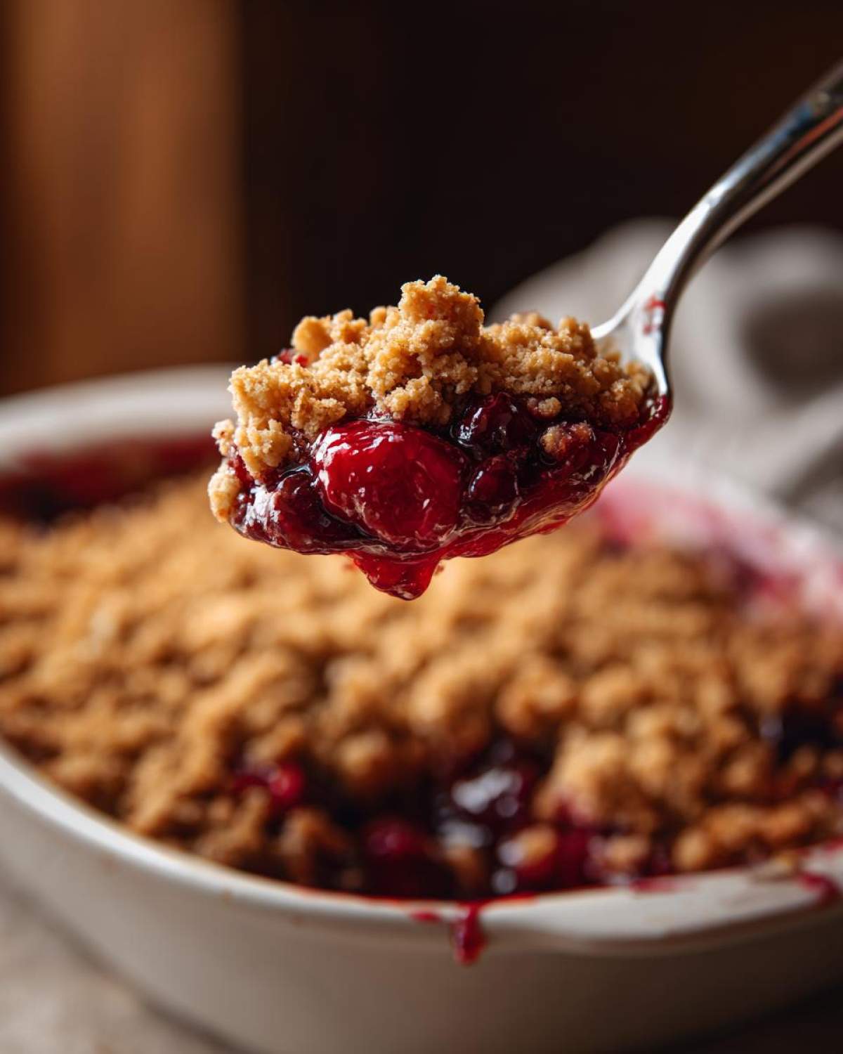 A spoonful of warm, gooey sour cherry crisp, showing bright red cherries and crumb topping.