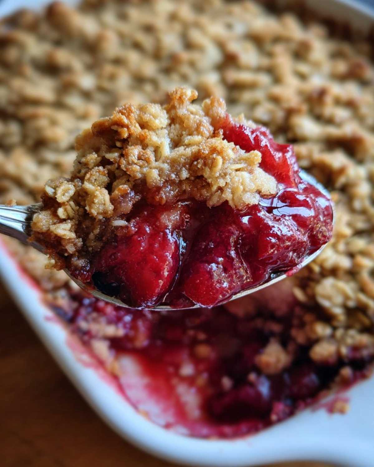 A spoonful of juicy, bubbling sour cherry crisp filling topped with golden oat crumble.