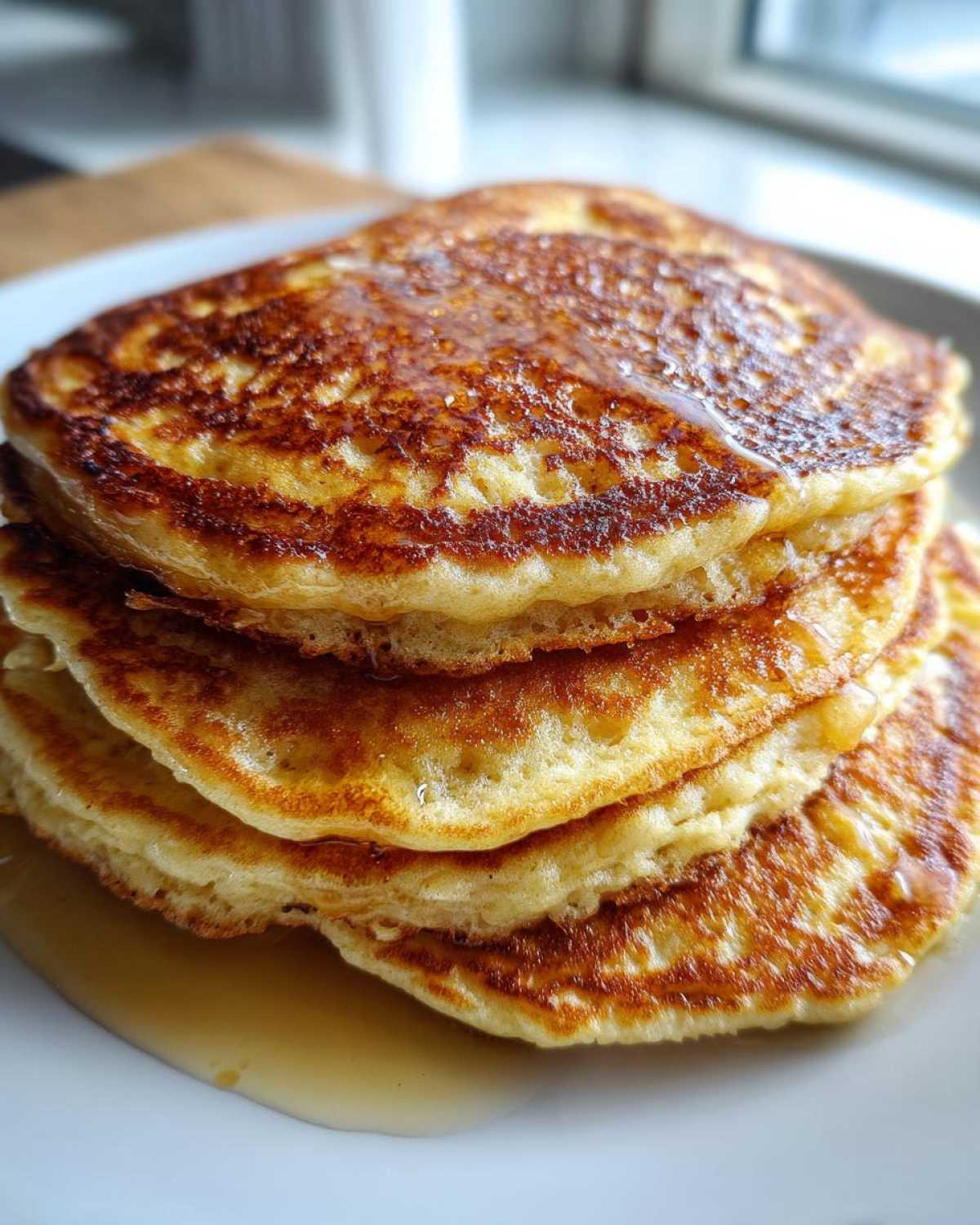 A delicious stack of four golden-brown almond flour pancakes drizzled with syrup.