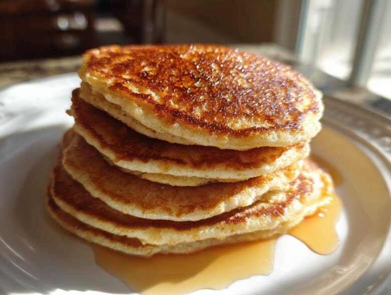 A tall stack of fluffy almond flour pancakes drizzled with maple syrup on a white plate.