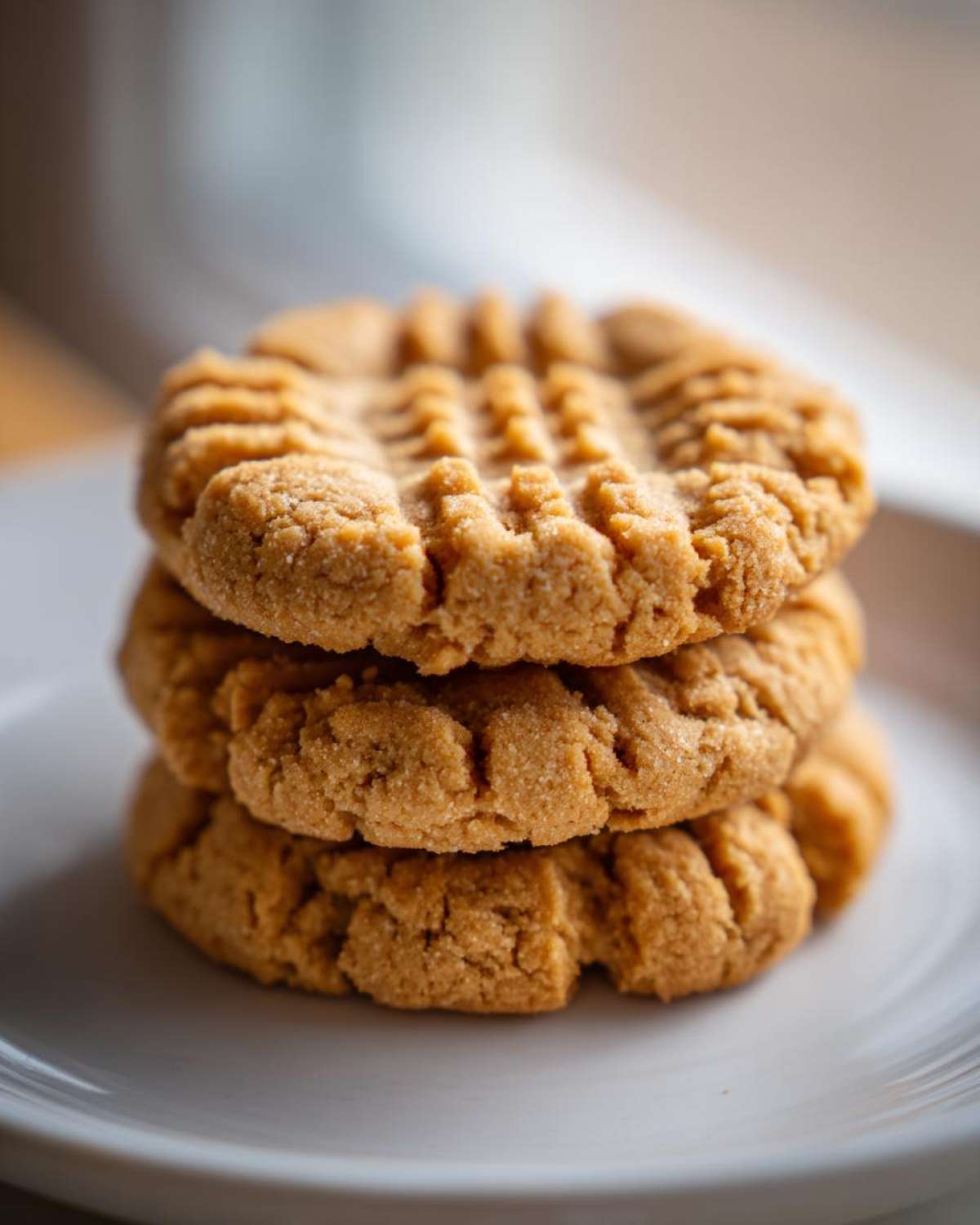 A close-up stack of three golden brown peanut butter cookies showing the classic crisscross fork pattern on top.