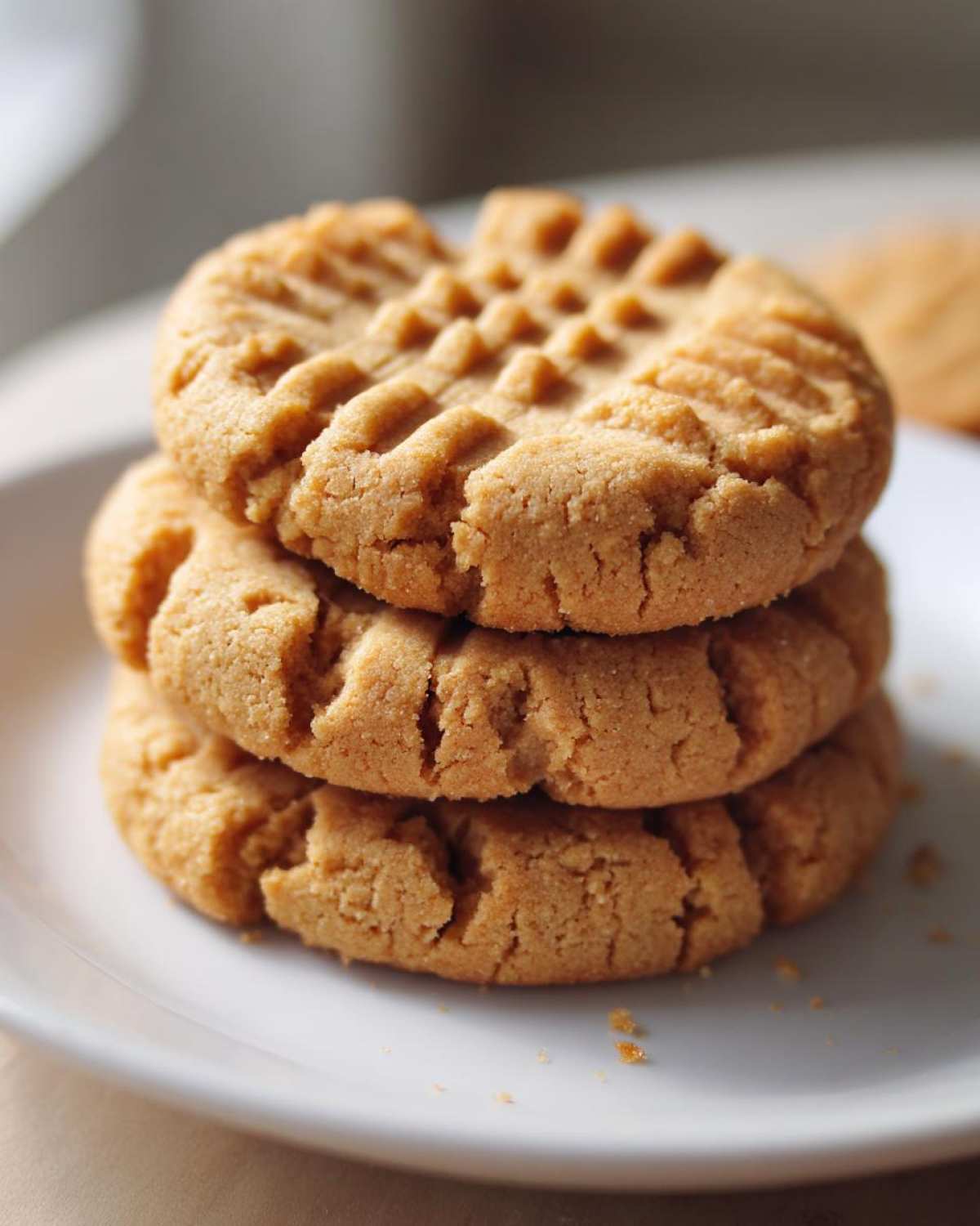 A close-up stack of three classic peanut butter cookies showing the traditional crisscross fork pattern on top.