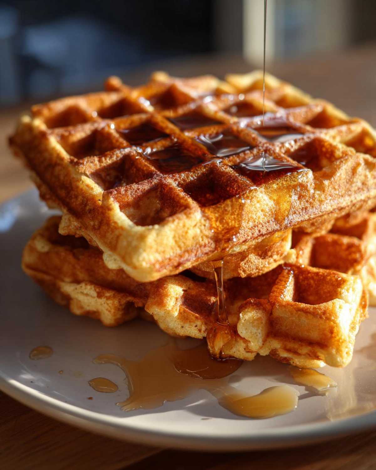 Close-up of a stack of golden brown high protein waffles being drizzled with maple syrup.