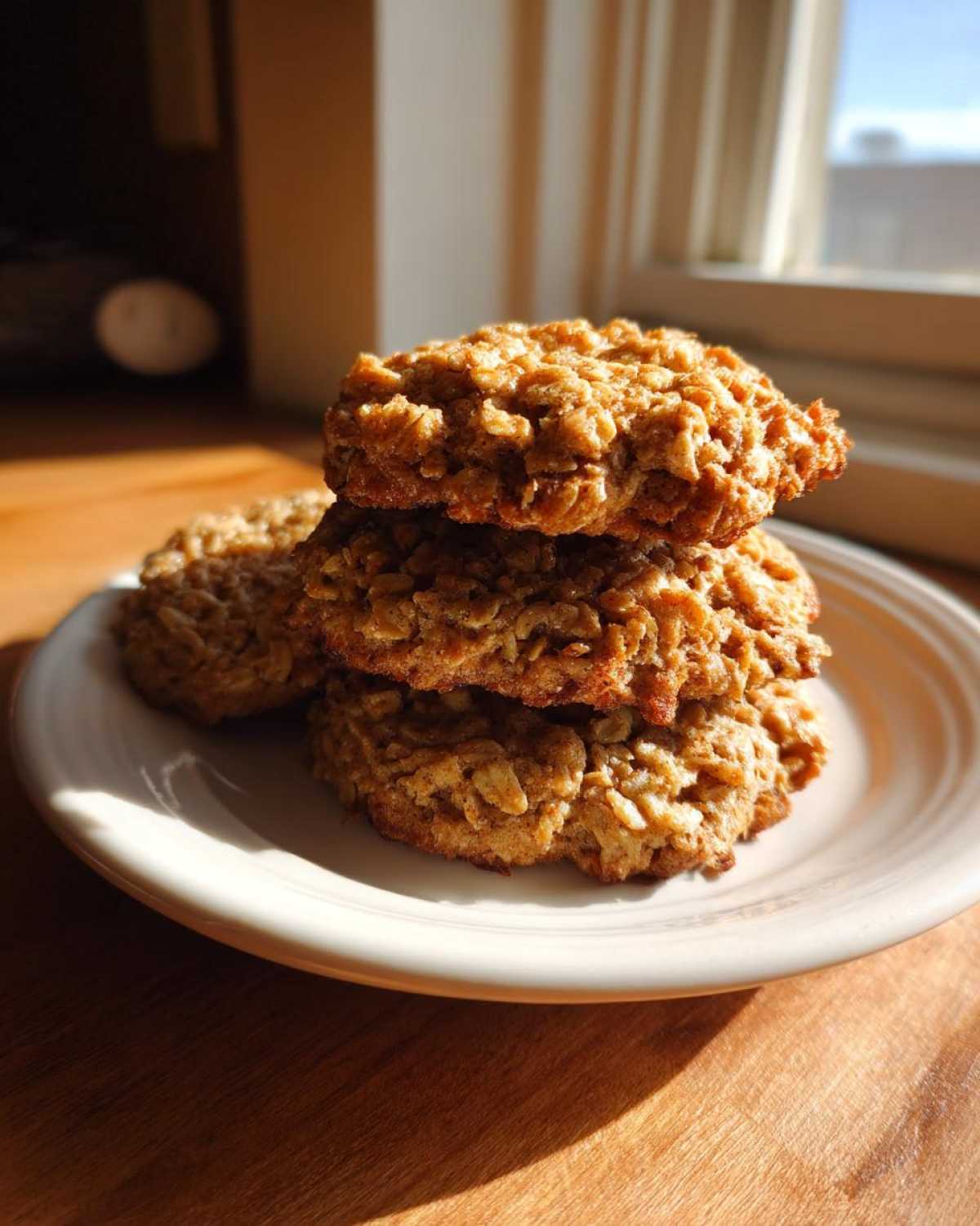 A stack of three golden brown oatmeal cookie treats resting on a white plate, illuminated by bright sunlight.