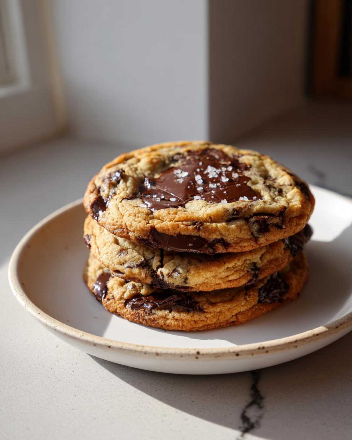 A stack of three thick, gooey chocolate chip cookies topped with melted chocolate and flaky sea salt.