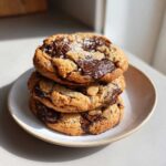 Three thick, gooey chocolate chip cookies stacked on a white plate, topped with flaky sea salt.