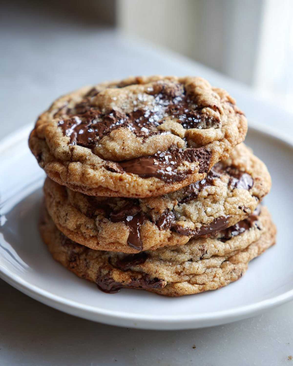 A stack of three thick, gooey chocolate chip cookies topped with flaky sea salt on a white plate.
