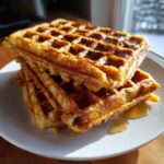 A stack of golden brown high protein waffles drizzled generously with maple syrup on a white plate.