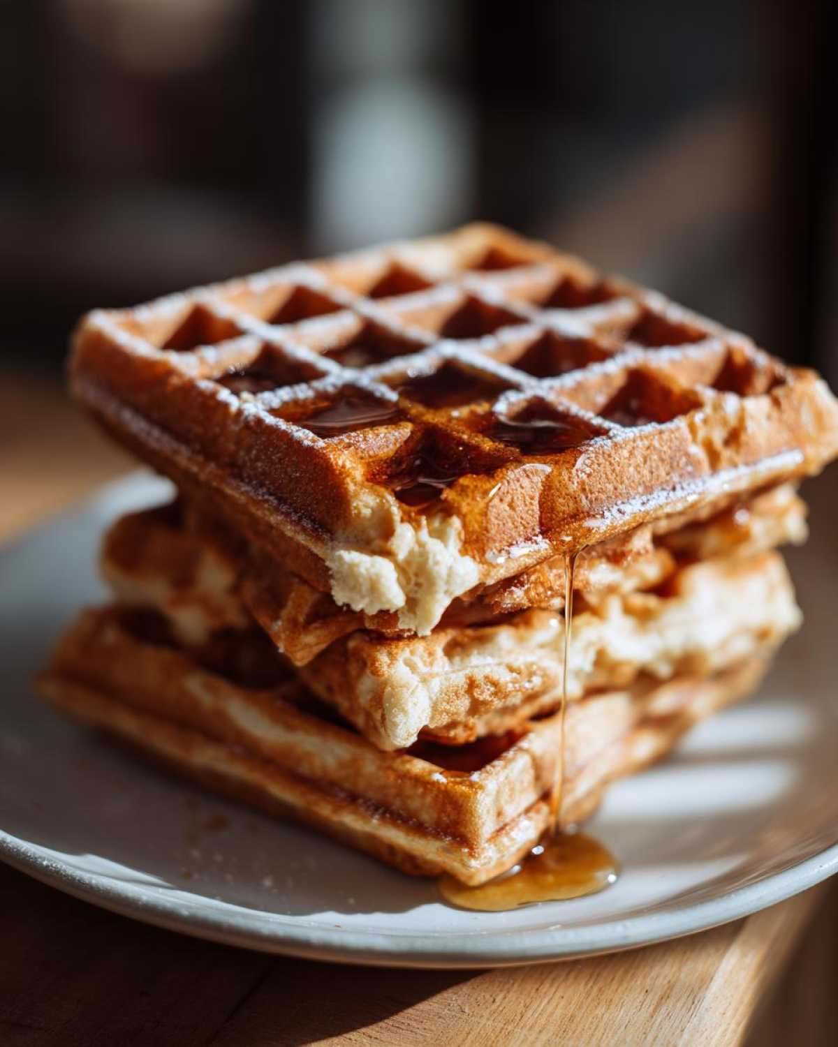 A stack of three golden brown high protein waffles drizzled with maple syrup and dusted with powdered sugar.