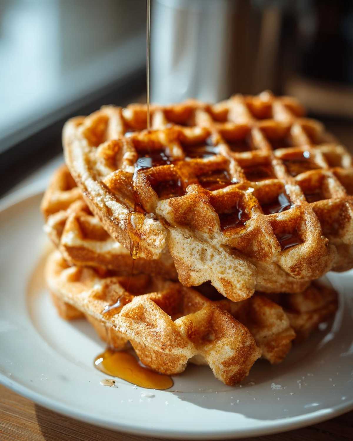 Close-up of a stack of golden brown high protein waffles being drizzled with maple syrup on a white plate.