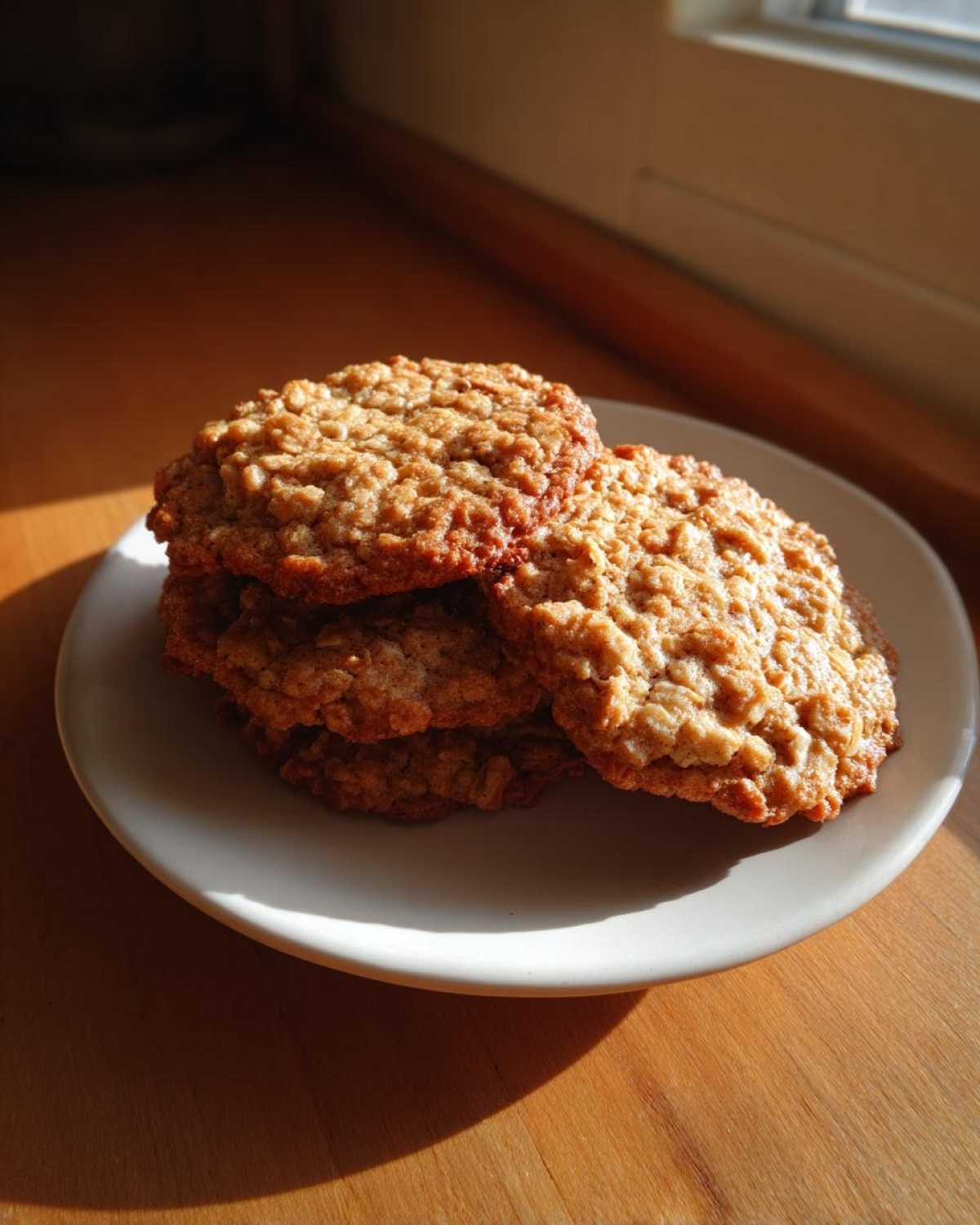 A stack of four golden brown oatmeal cookie treats resting on a white plate, illuminated by sunlight.