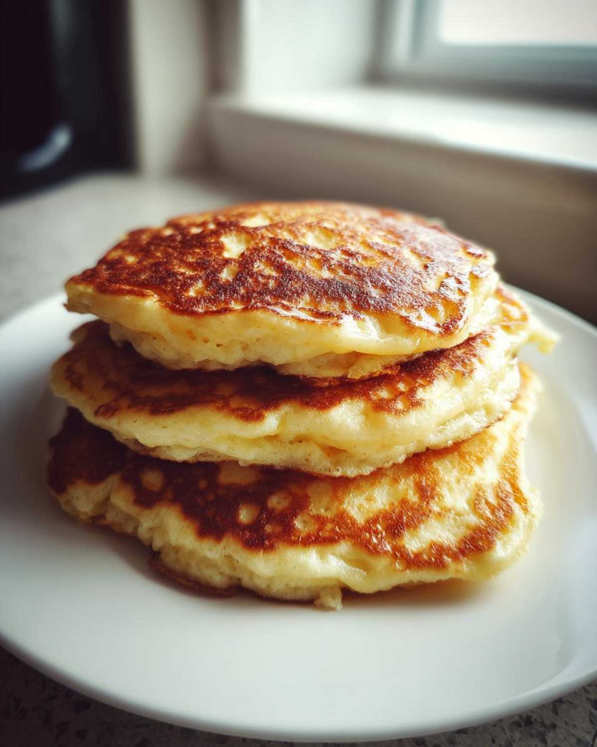 A close-up of a stack of three golden-brown, thick, and fluffy pancakes ready to eat.