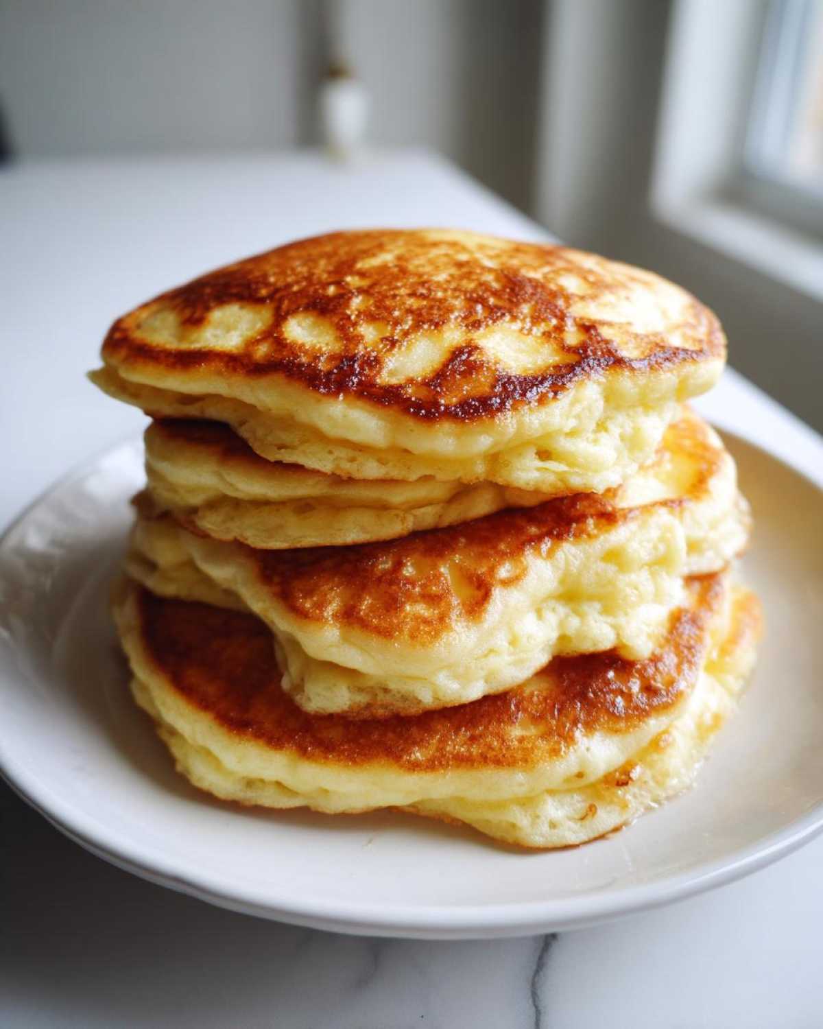 A tall stack of golden brown, thick, and fluffy pancakes served on a white plate.