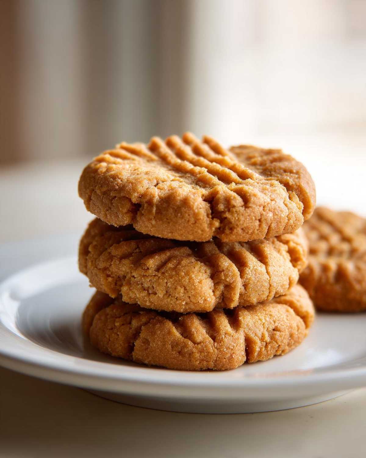 A close-up stack of three golden brown peanut butter cookies showing classic crisscross fork marks on a white plate.