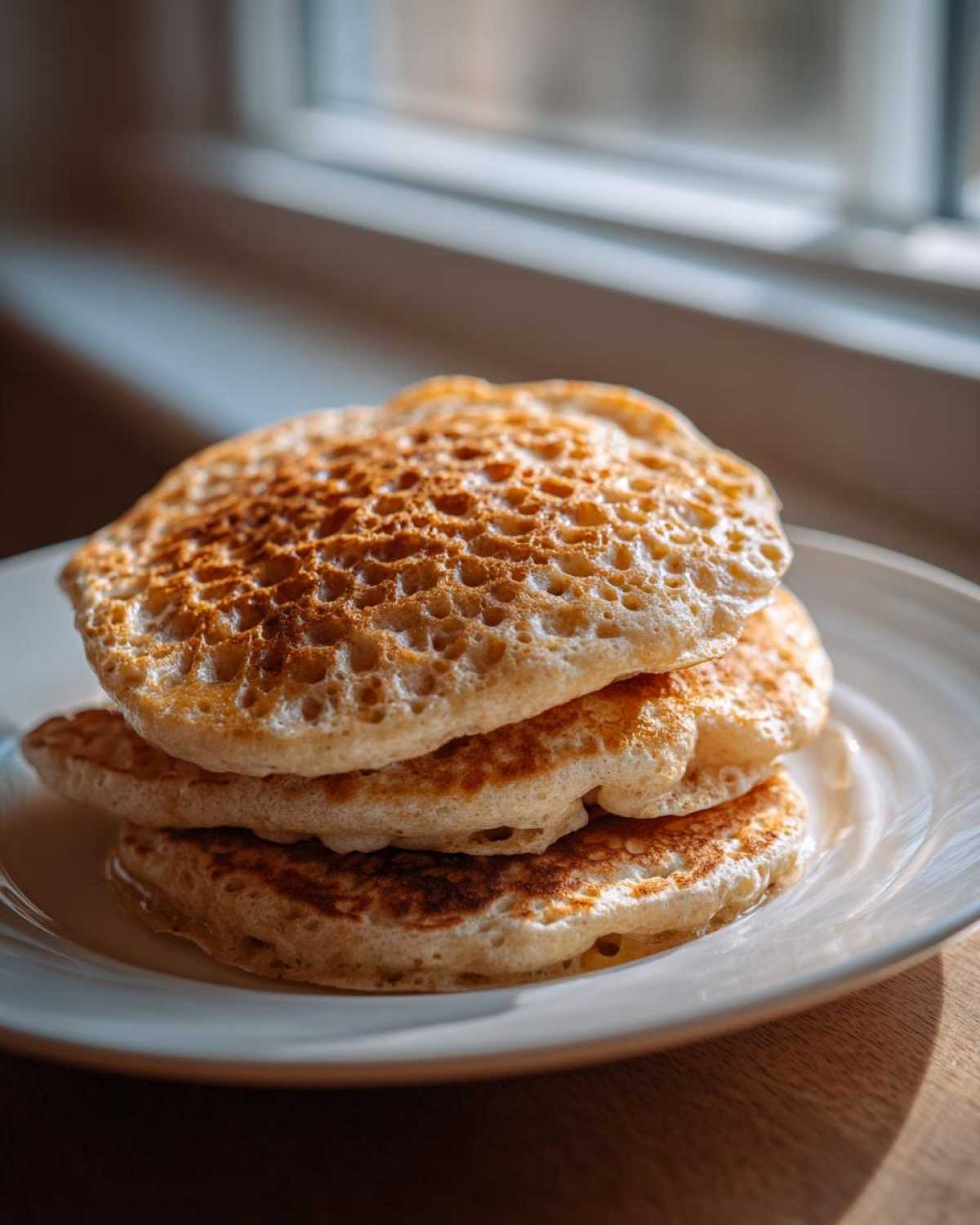 A stack of three fluffy sourdough pancakes showing many air bubbles on a white plate.
