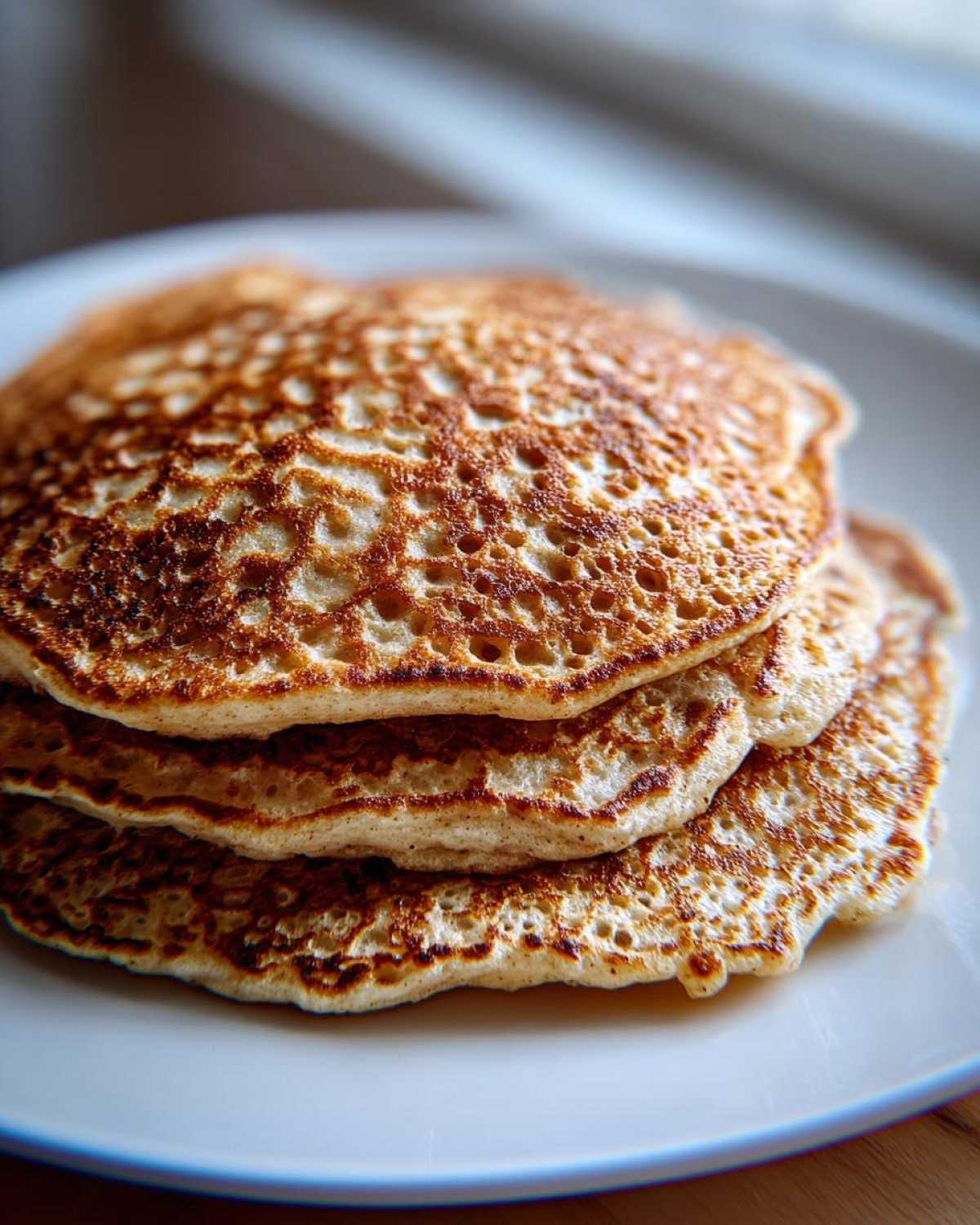 Close-up of a stack of three fluffy sourdough pancakes with lacy, browned edges on a white plate.