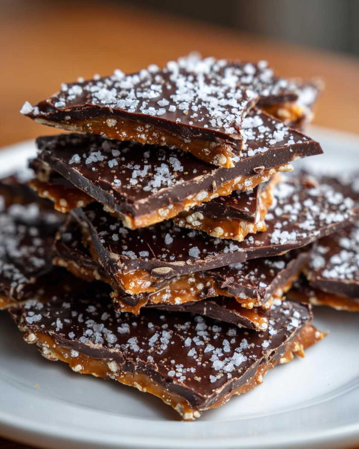 A stack of broken pieces of saltine cracker toffee topped with melted dark chocolate and coarse sea salt.
