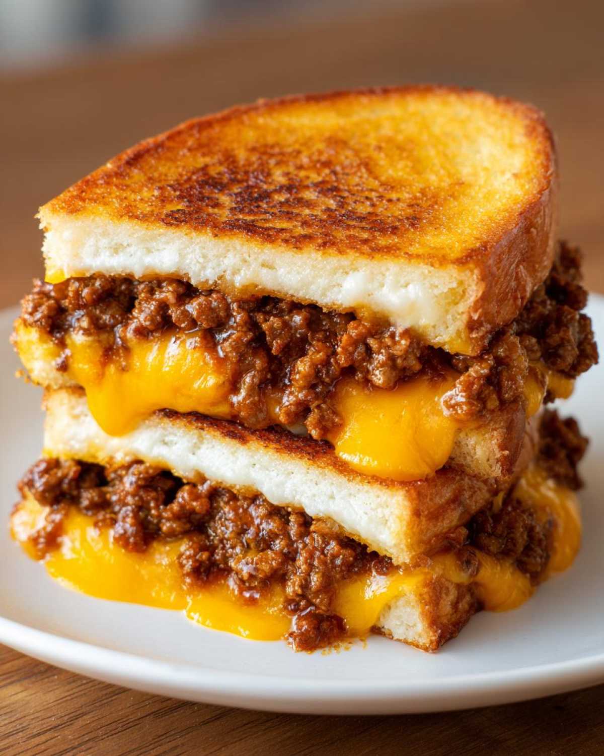 A tall stack of texas toast sloppy joes featuring thick, buttery grilled bread, savory meat filling, and oozing melted cheddar cheese.