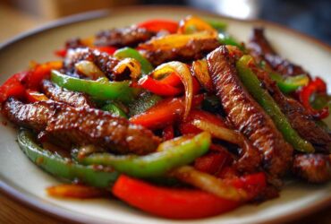 A close-up shot of sizzling steak fajitas featuring strips of glazed steak mixed with vibrant red, green, and yellow bell peppers.