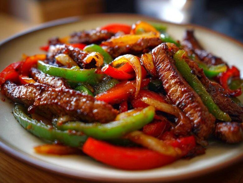 A close-up shot of sizzling steak fajitas featuring strips of glazed steak mixed with vibrant red, green, and yellow bell peppers.