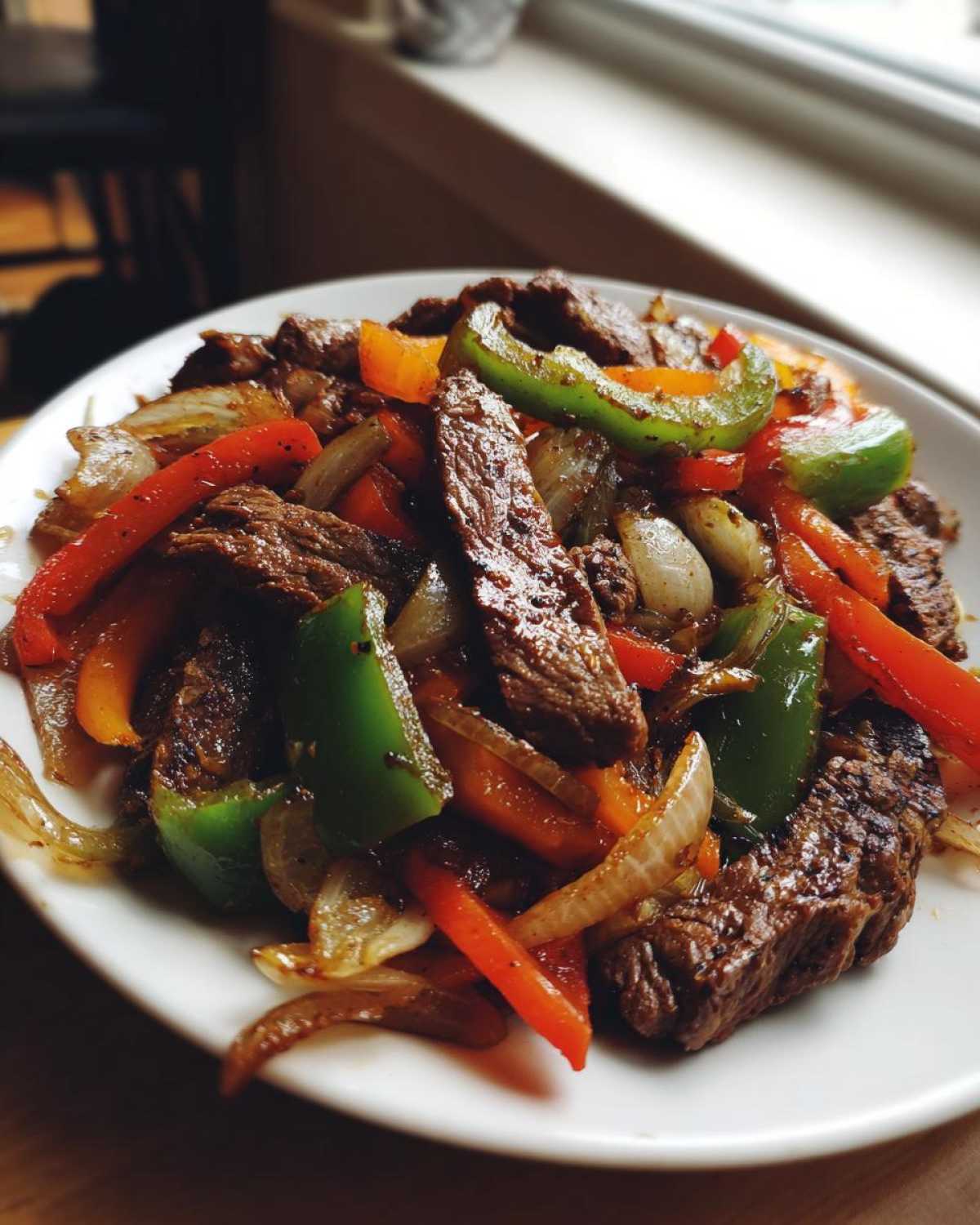 A close-up shot of seasoned steak fajitas mix with colorful bell peppers and onions on a white plate.