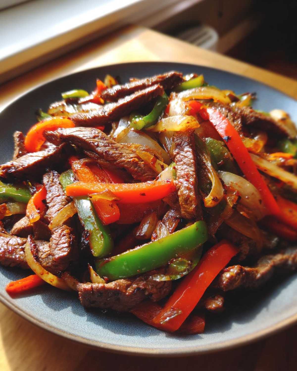 A close-up shot of perfectly cooked steak fajitas featuring sliced steak, red and green bell peppers, and onions on a dark plate.