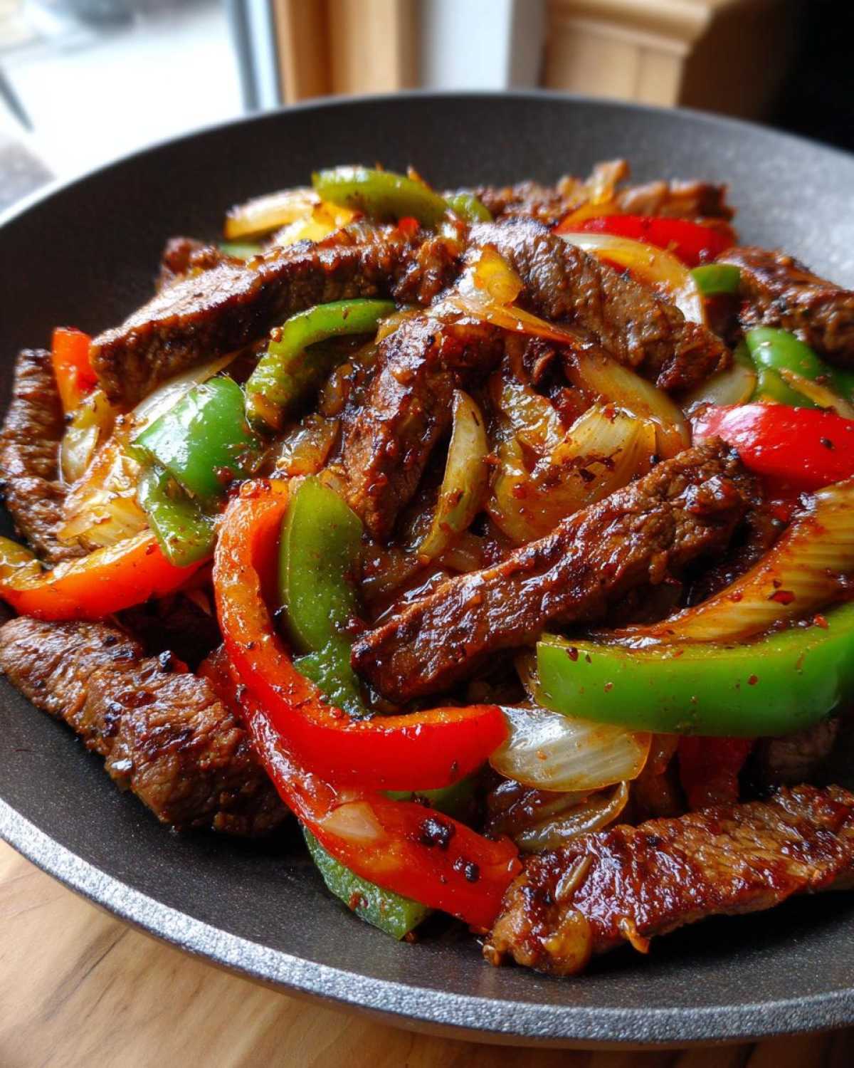 Close-up of sizzling steak fajitas featuring strips of seasoned beef mixed with vibrant red and green bell peppers and onions.