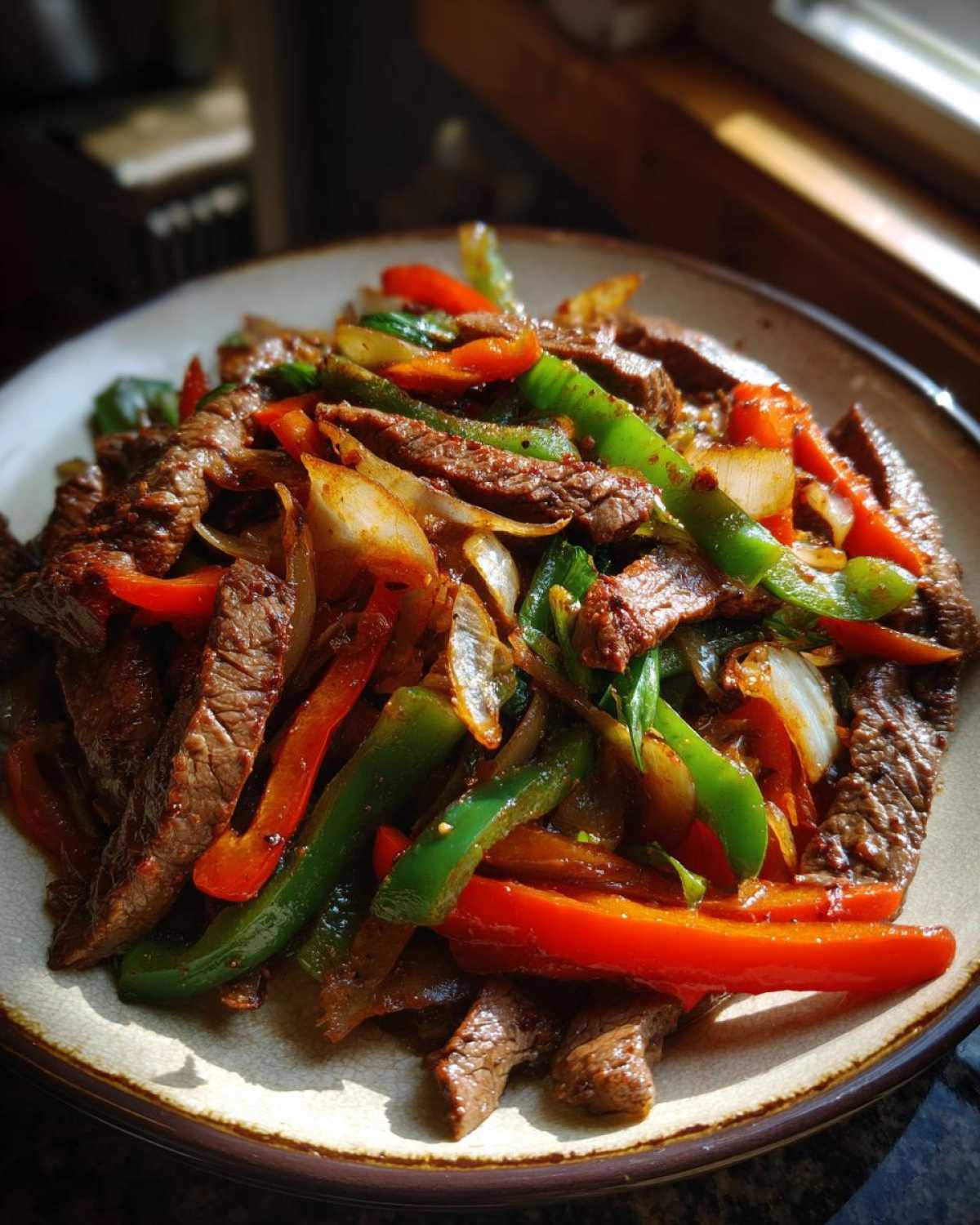 A close-up of sizzling steak fajitas featuring strips of seasoned beef mixed with vibrant red and green bell peppers and onions.