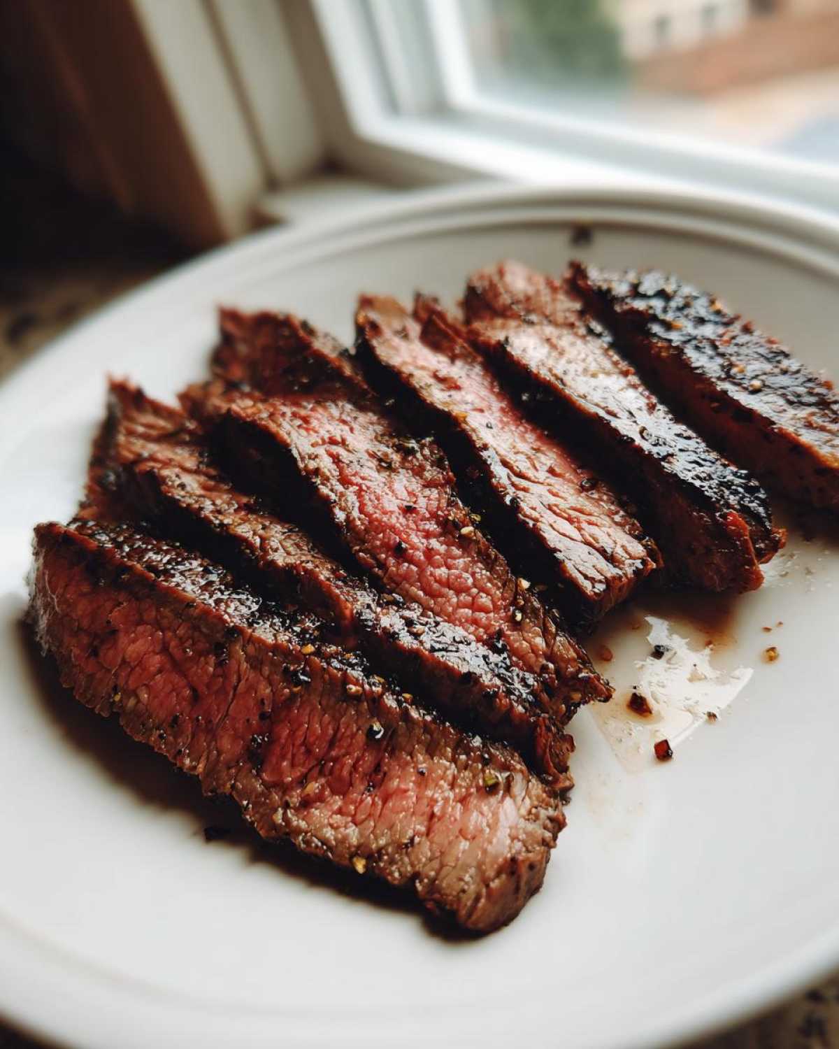 Slices of medium-rare steak, likely prepared with carne asada marinade, resting on a white plate.