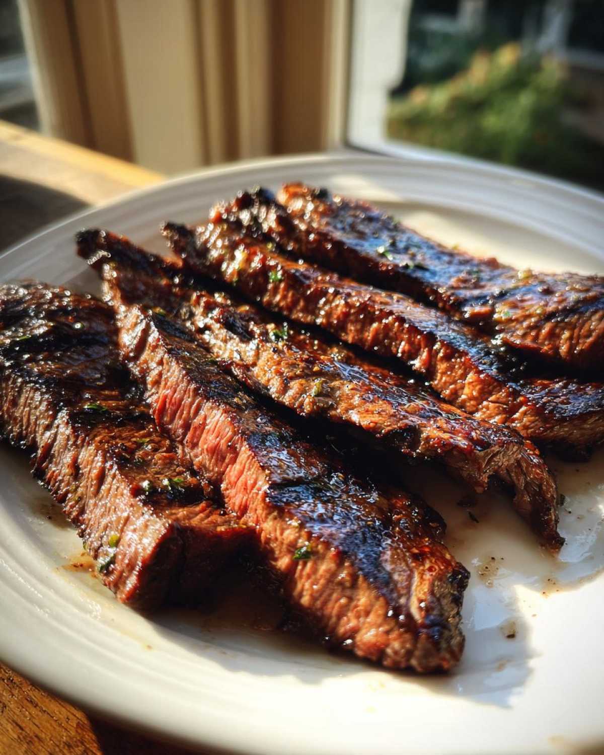 Close-up of medium-rare steak slices showing char marks, coated in a glistening Carne asada marinade.