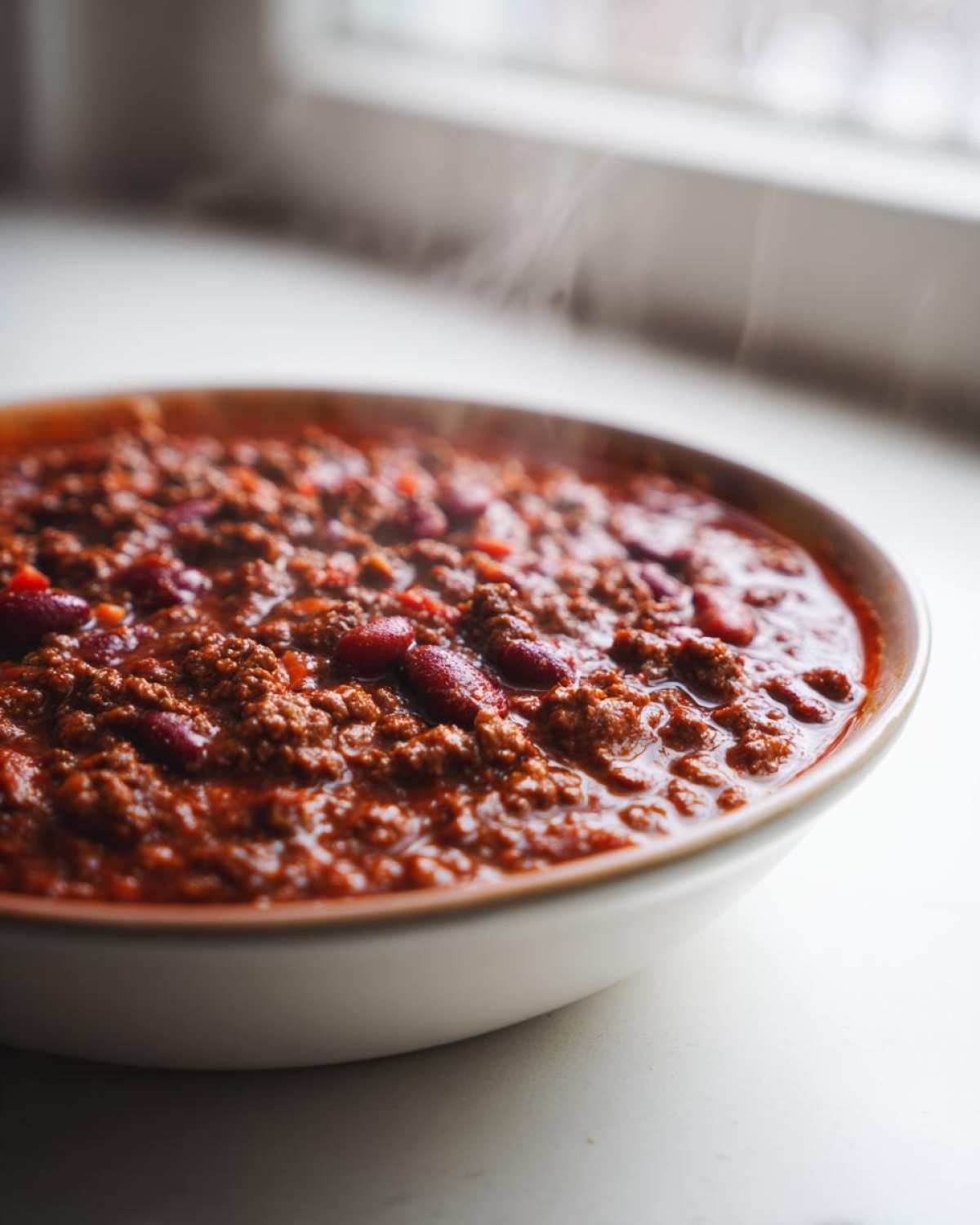 Close-up of a steaming bowl filled with rich, meaty chili featuring kidney beans, part of the best chili recipe.