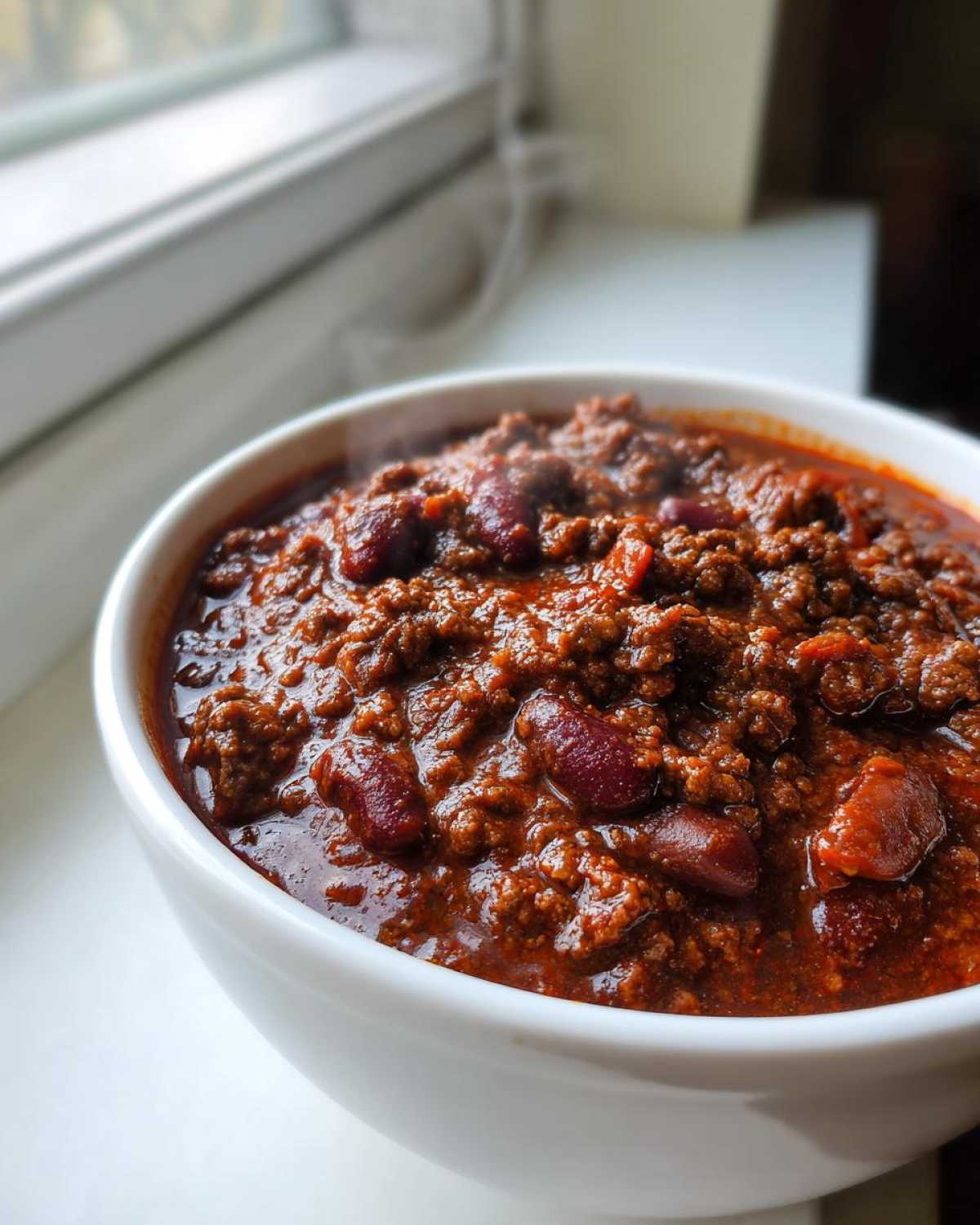 Close-up of a steaming white bowl filled with rich, thick chili featuring ground meat and kidney beans, showcasing the best chili recipe.